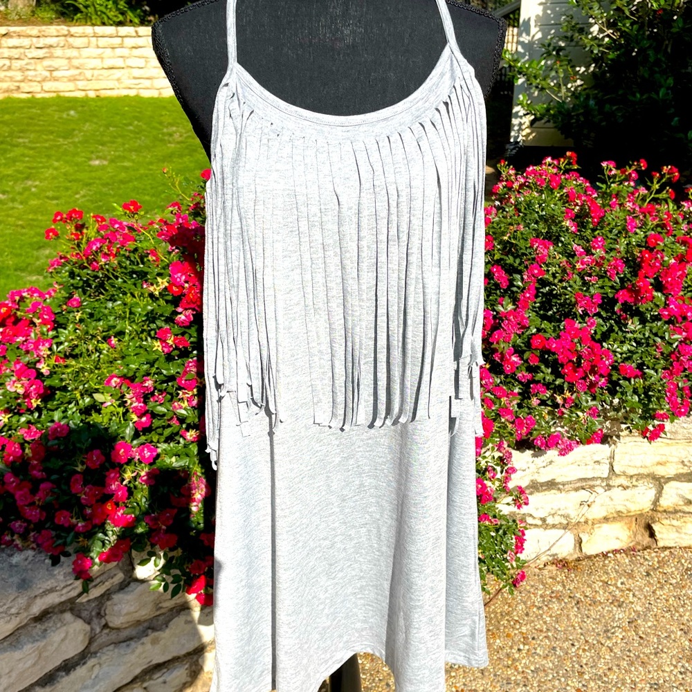 Country Chic, Gray, sleeveless, Dress with fringe, size L